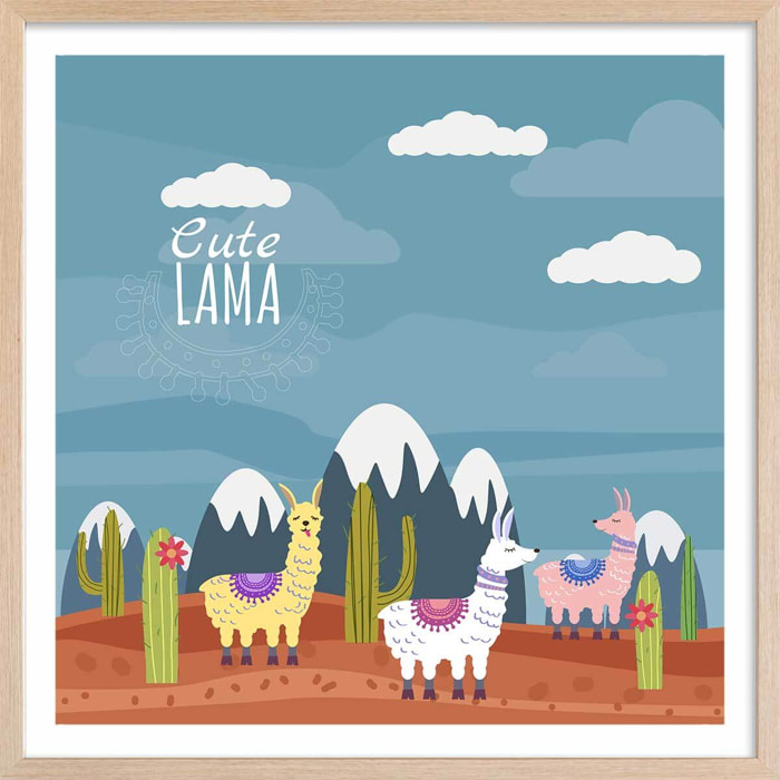 Affiche illustration lamas et sommets enneigés Affiche + cadre en bois - Chêne