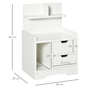 Chevet table de nuit multi-rangement 2 tiroirs niche étagère plateau panneaux particules blanc