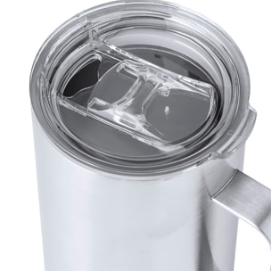Taza térmica en acero inox reciclado de doble pared y 450 ml de capacidad. Con dosificador abrefácil en tapa y base en corcho. Libre de BPA.