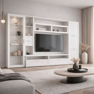 Parete Attrezzata Soggiorno Con Vetrina 6 Ante Battenti E 3 Ribalte Ampio Mobile Porta TV Con Ripiani Design Moderno Living 300 x 50 x 215 Cm Bianco