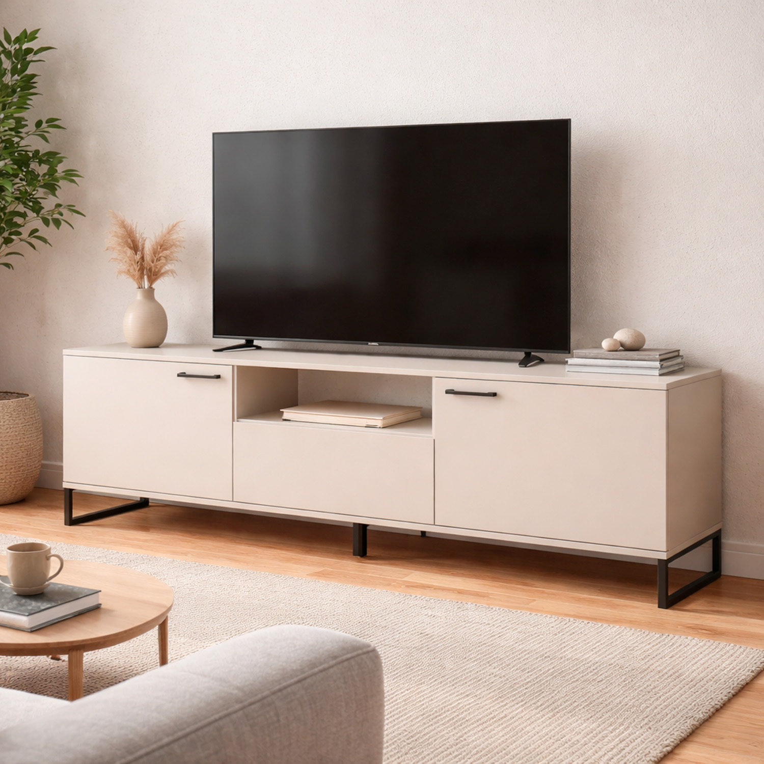 Mobile Porta TV Con 2 Ante A Ribalta 1 Cassetto E Vano a Giorno Design Moderno Piedini Slanciati Stile Nordico Industriale 179 x 60 x 40 Cm Cashmere