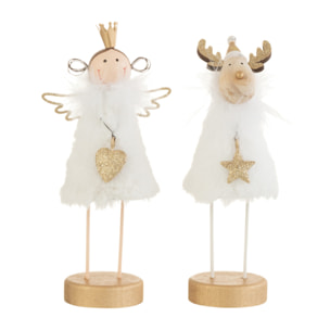 J-Line figurine Ange/Renne Sur Pied - fourrure/bois - blanc/or - small - 2 pcs