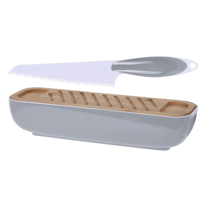 Panera de bambú con cuchillo, diseño bicolor y funda de color 40x12,5x8,5cm