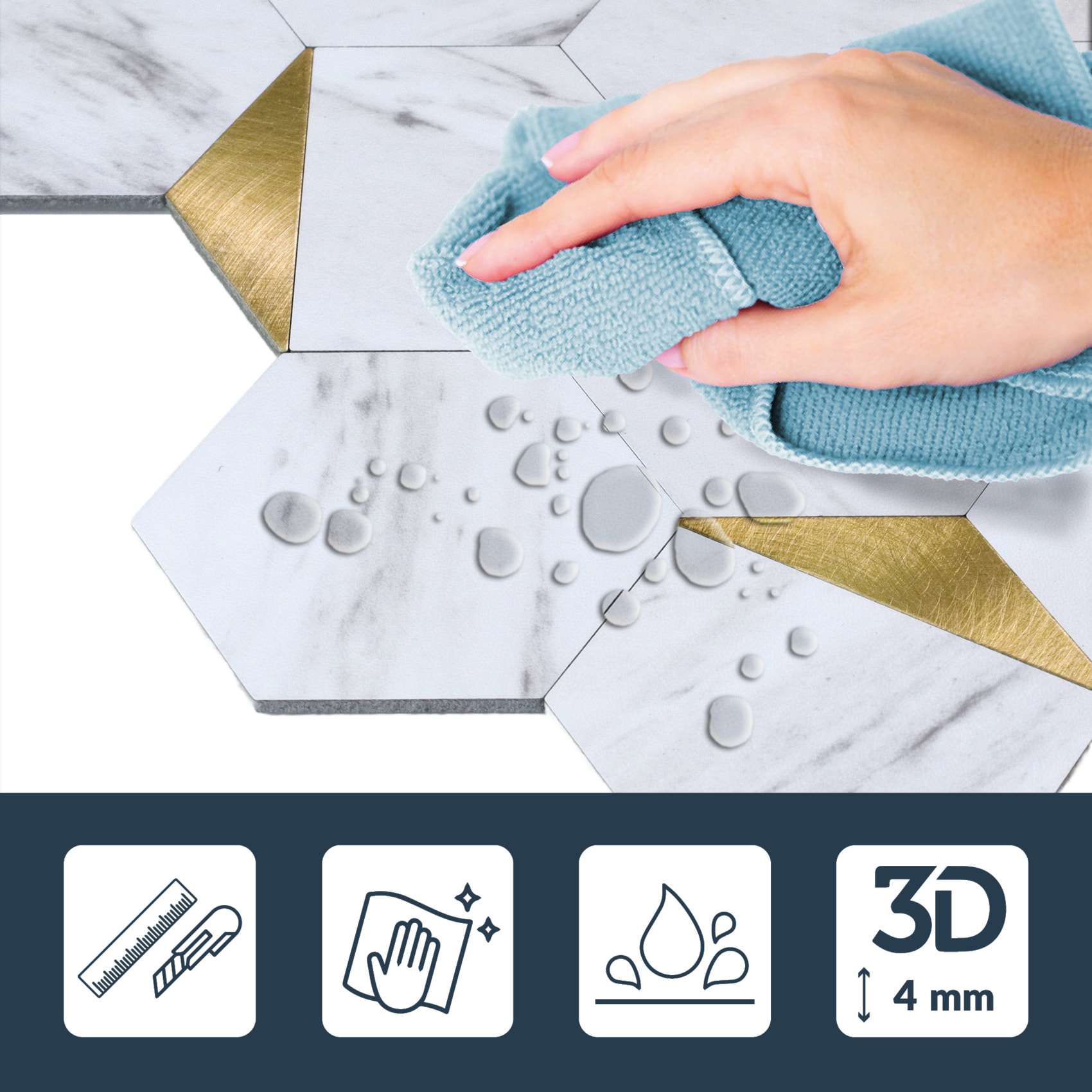Crédence adhésive murale 3D  - Effet carrelage hexagonal 4 pièces - Doré