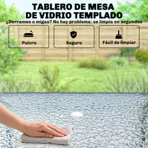 Conjunto de Mesa y Sillas Jardín de 8 Piezas, Muebles de Jardín Exterior con Sombrilla, 6 Sillas Plegables, Mesa de Vidrio Templado, para Terraza, Patio, Gris