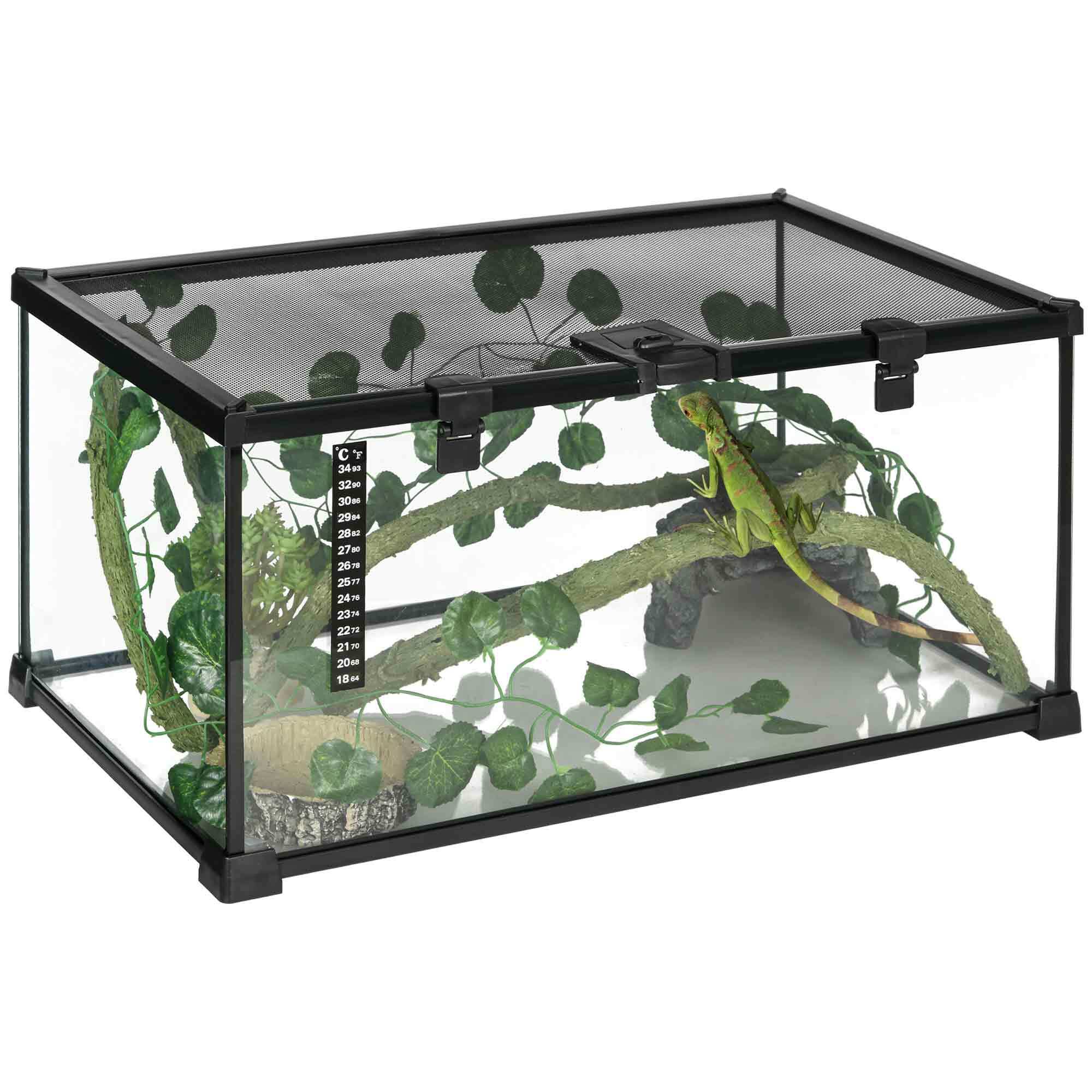 Terrarium verre transparent - couvercle treillis métallique coulissant verrouillable, trappe, distributeur eau, thermomètre - noir