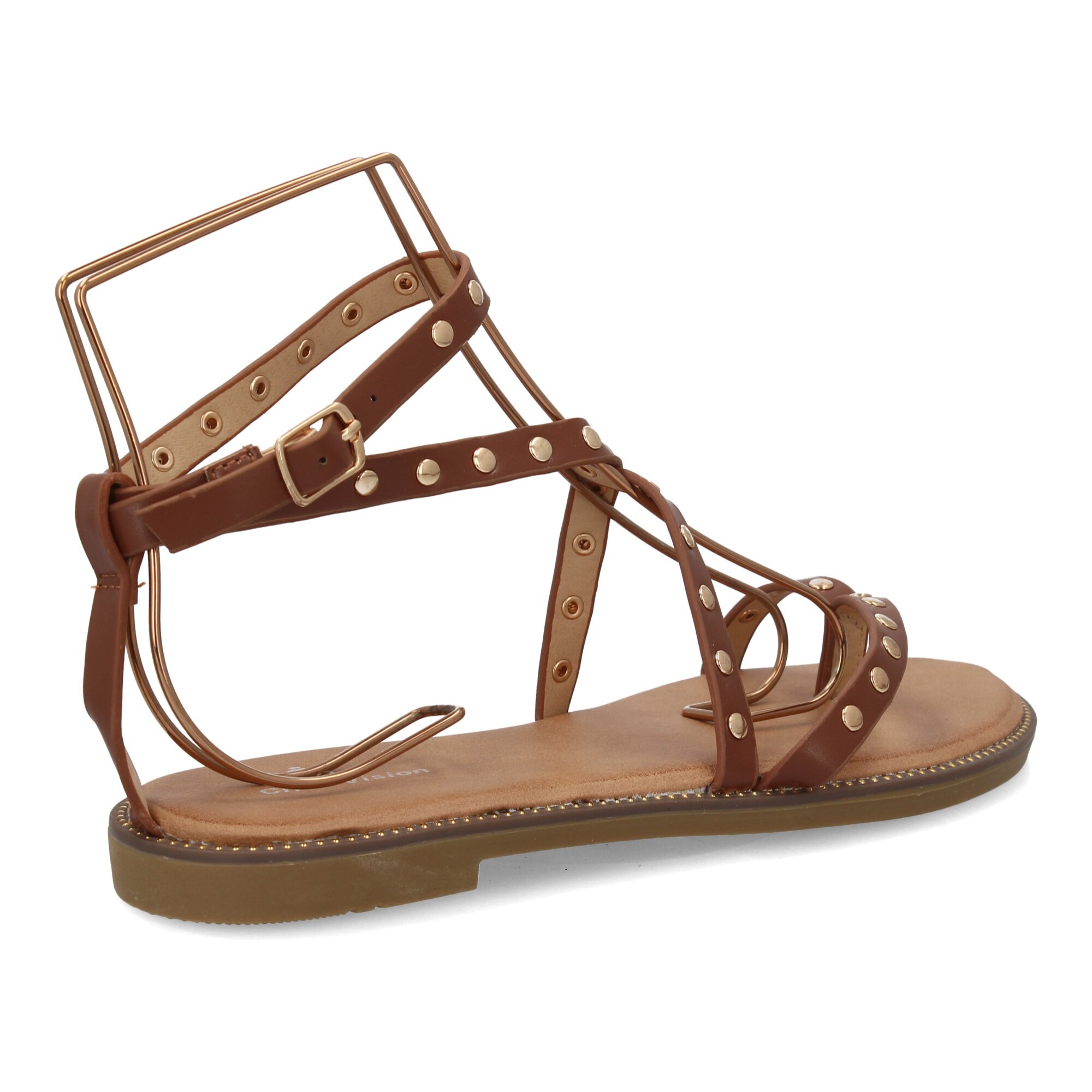 Sandalia plana con tiras y tachuelas para mujer.