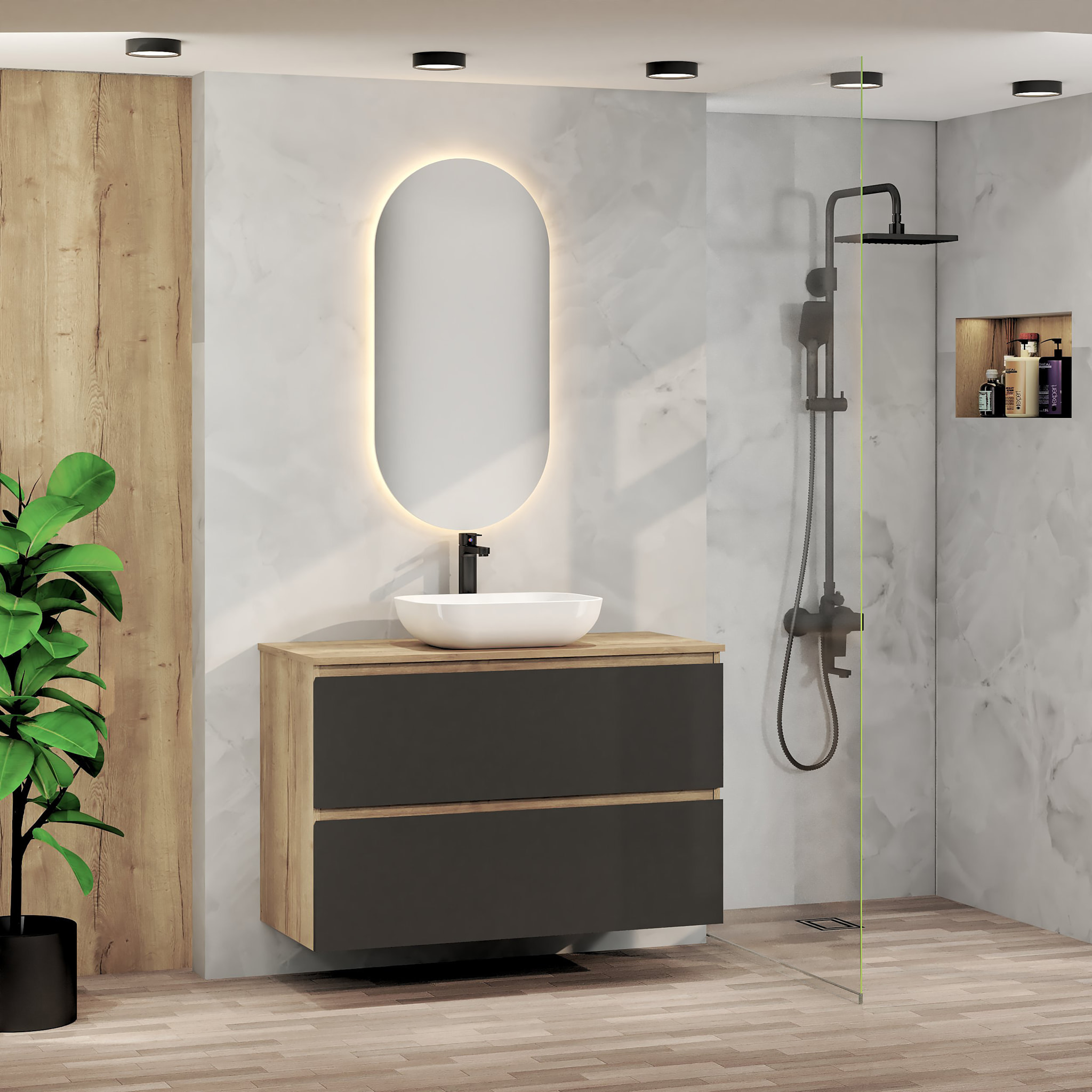 CONJUNTO DE BAÑO NIA | MUEBLE SUSPENDIDO | 100 CM NEGRO | DOS CAJONES | LAVABO SOBREPUESTO | NO INCLUYE ESPEJO | MUEBLE MONTADO| ALDAY