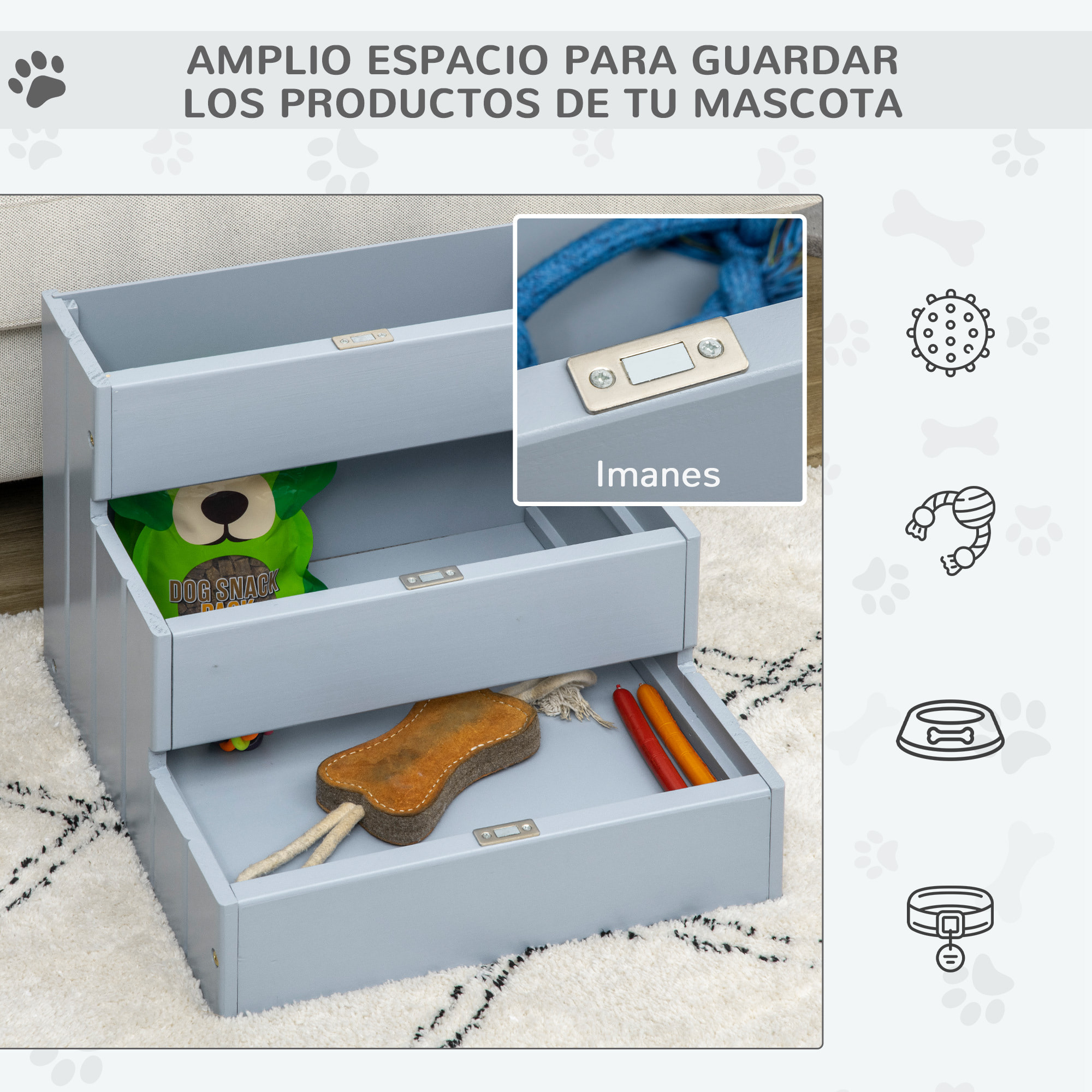 Escalera para Mascotas 3 Peldaños con Espacio de Almacenaje y Alfombra Antideslizantes Portátil Madera para Vehículo Carga 30 kg 40,5x44,5x38 cm Gris