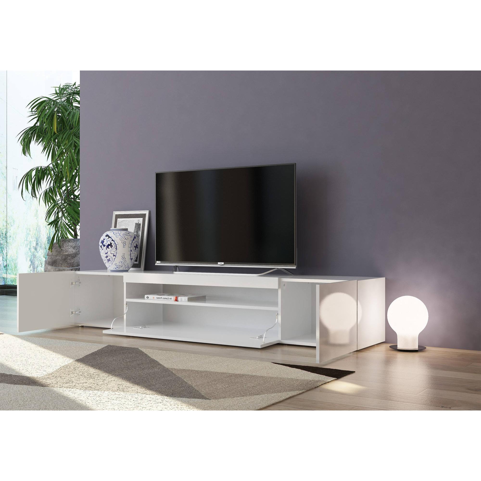 Mobile da soggiorno Porta TV, Made in Italy, Supporto per TV da salotto a 3 ante e ripiani, cm 200x40h37, colore Bianco lucido