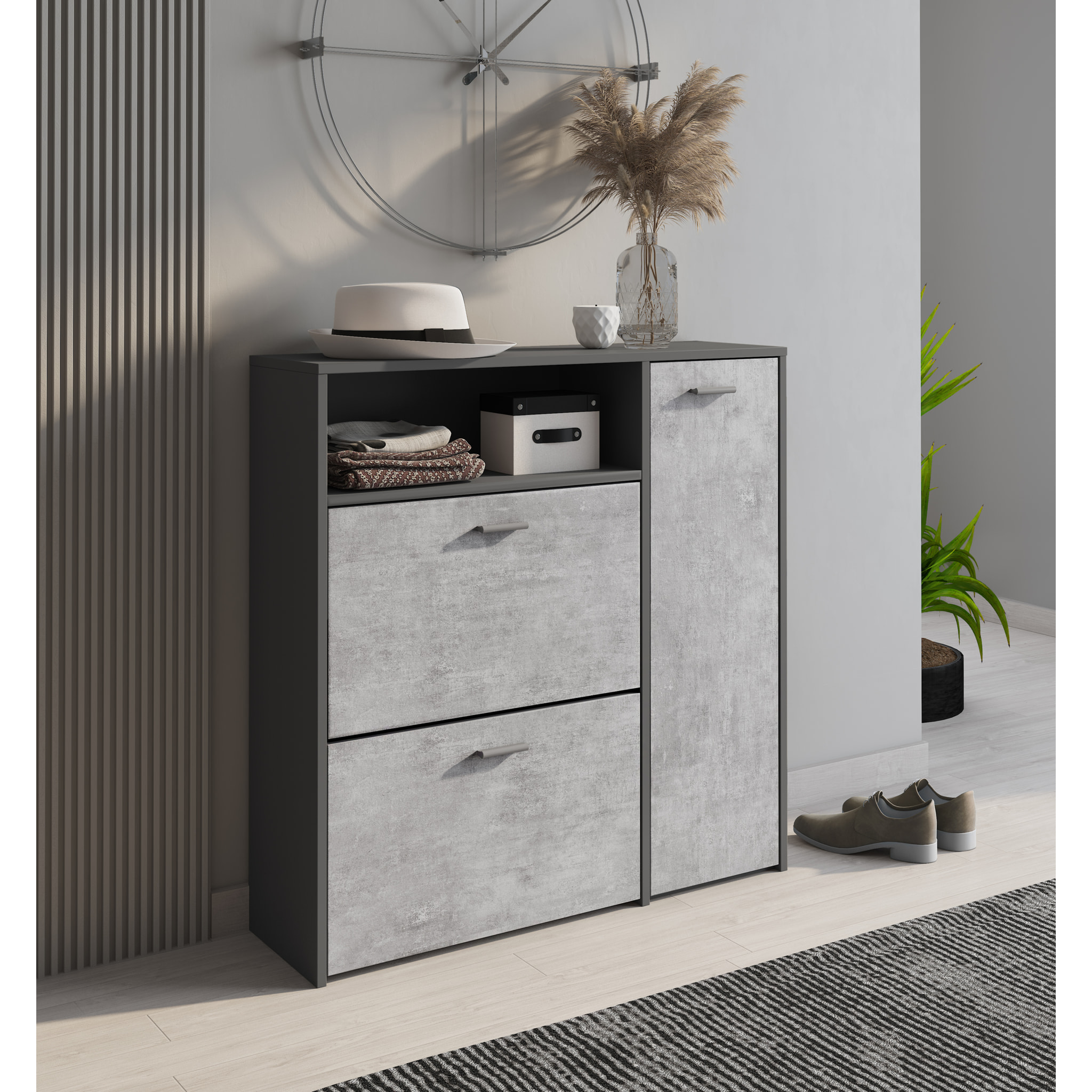 Scarpiera Mobile Portascarpe Salvaspazio Ingresso Con 2 Ribalte Doppia Profondità 4 Vani A Giorno Design Moderno 91.5x94x26.6 Cm Grigio E Cemento