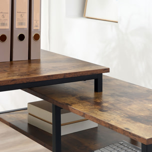 Bureau informatique design industriel bureau d'angle 3 étagères aspect vieux bois métal noir