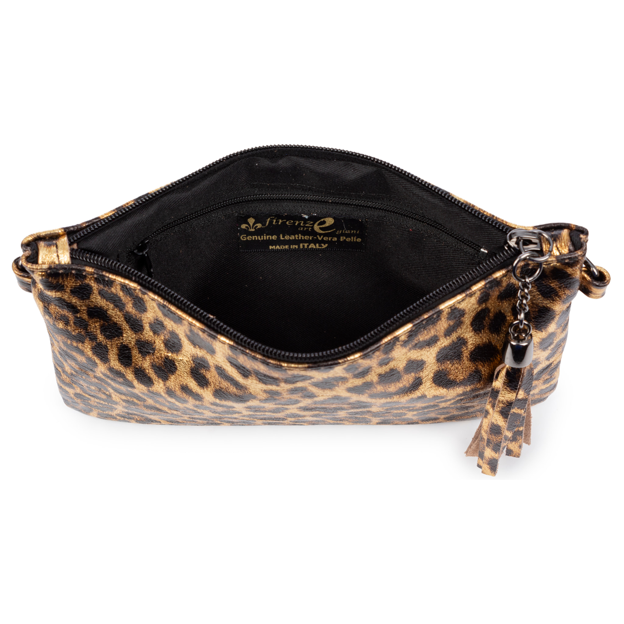 Oleggio bolso bandolera mujer. Piel auténtica Gamuza con estampado de animal print leopardo y lacada brillante.