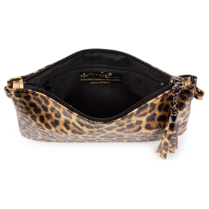 Oleggio bolso bandolera mujer. Piel auténtica Gamuza con estampado de animal print leopardo y lacada brillante.
