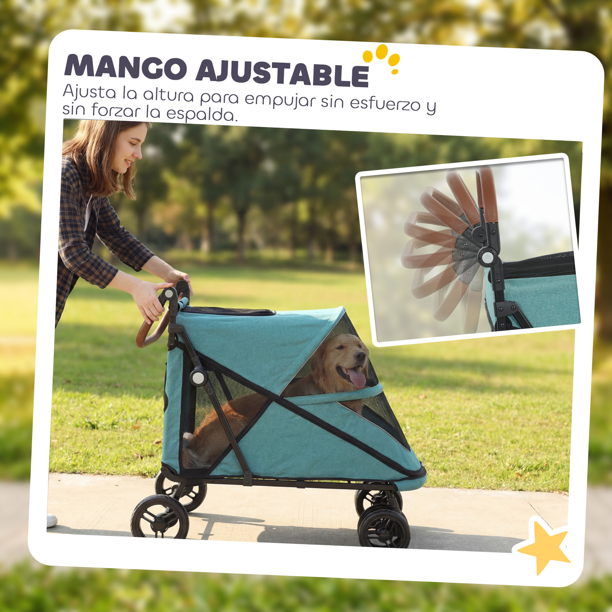 Carrito para Perros y Gatos Grande Plegable con un Botón hasta 30 kg, Cochecito para Perros Medianos y Grandes, Suspensión 4 Ruedas, Giratorio, Freno de Pie, Cojín Lavable, Turquesa