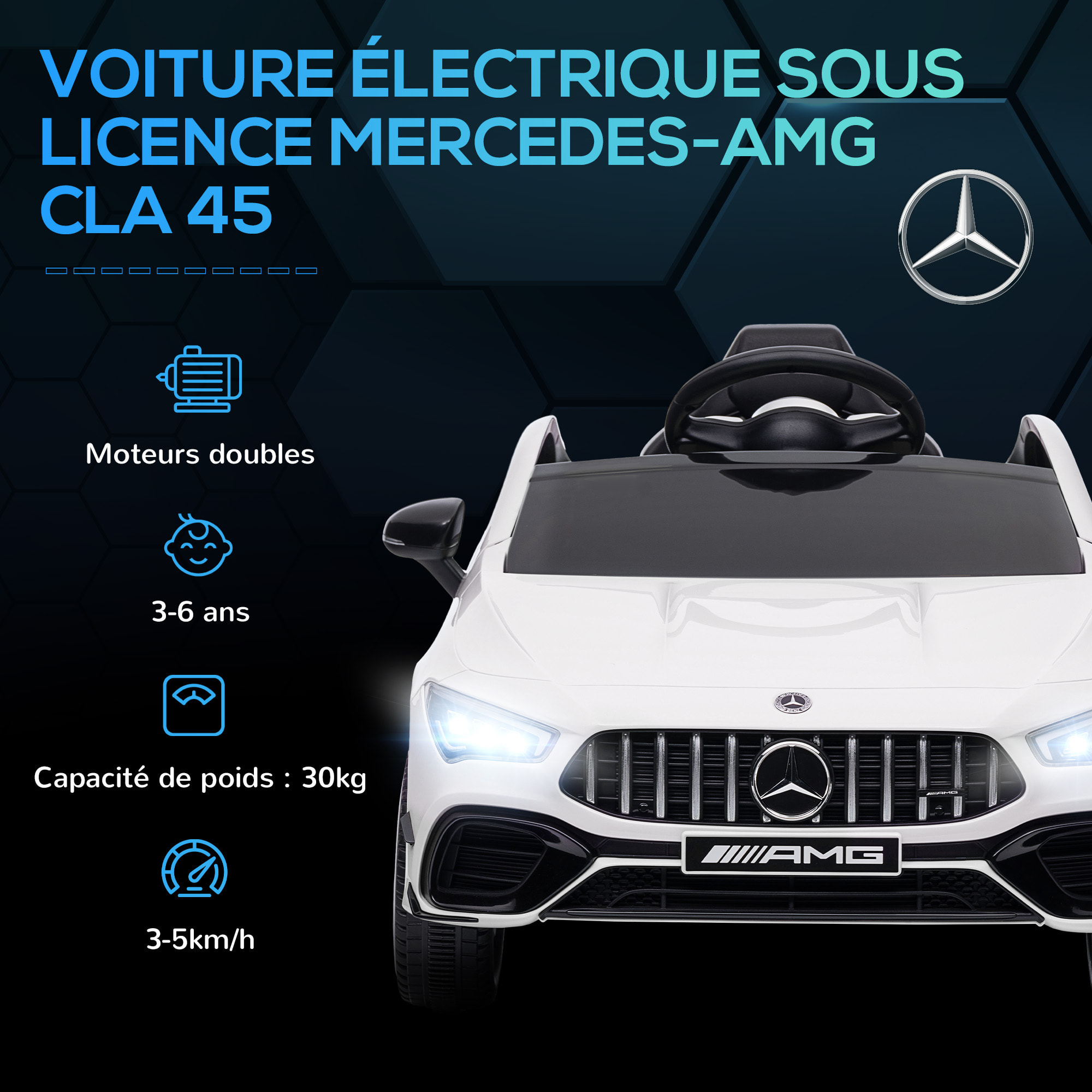 Voiture électrique enfant Mercedes CLA 45S AMG - 12V, 2 moteurs, 5Km/h max. - télécommande - nombreux effets - blanc