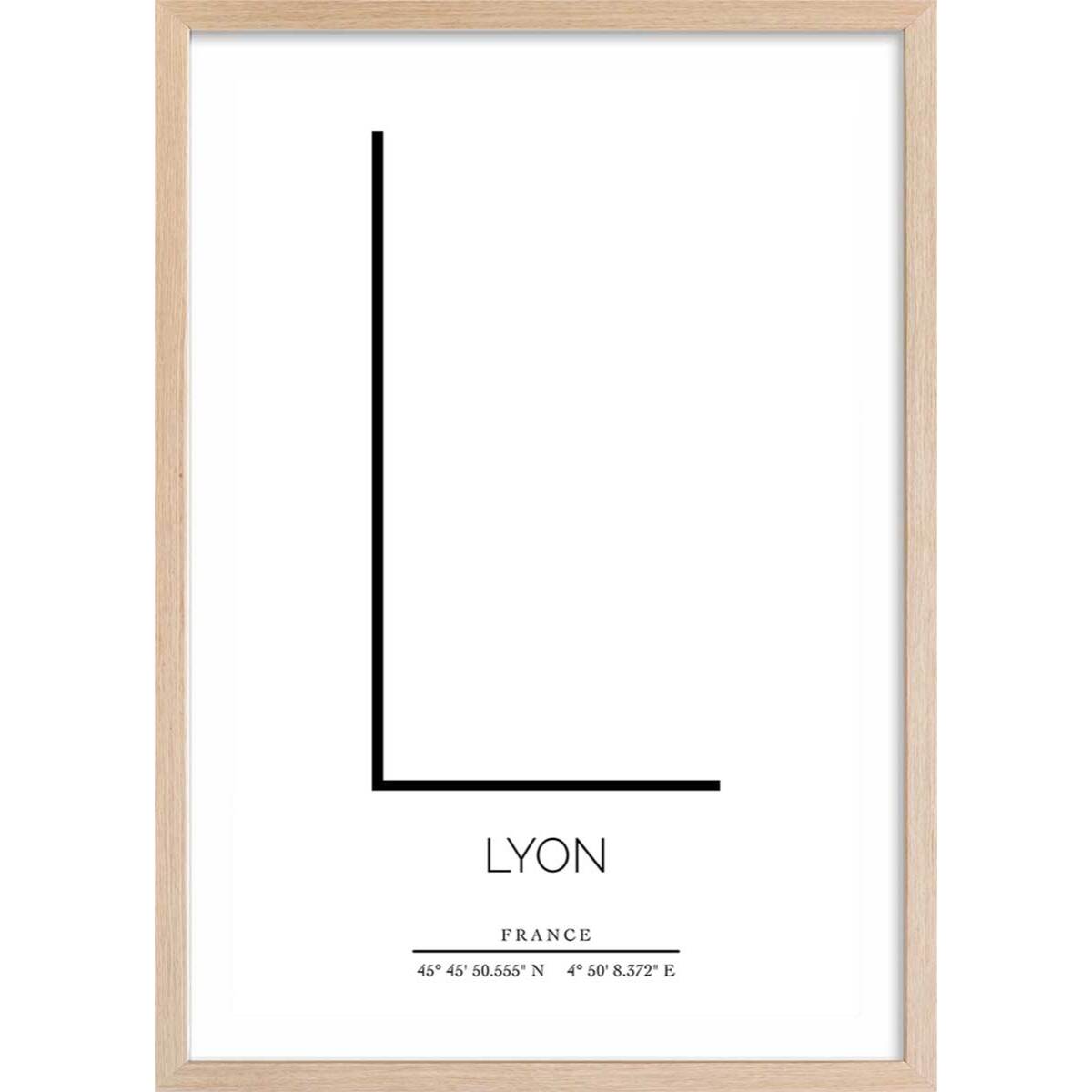 Poster l lyon Affiche + cadre en bois - Chêne