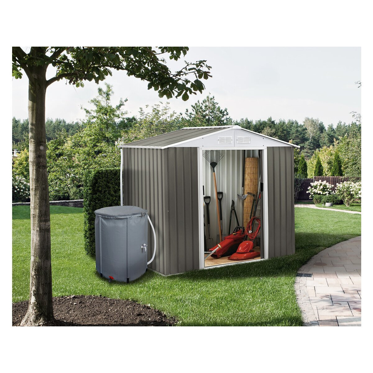 Abri jardin métal "Dallas" - 5,29 m² avec gouttière et récupérateur d'eau - Taupe