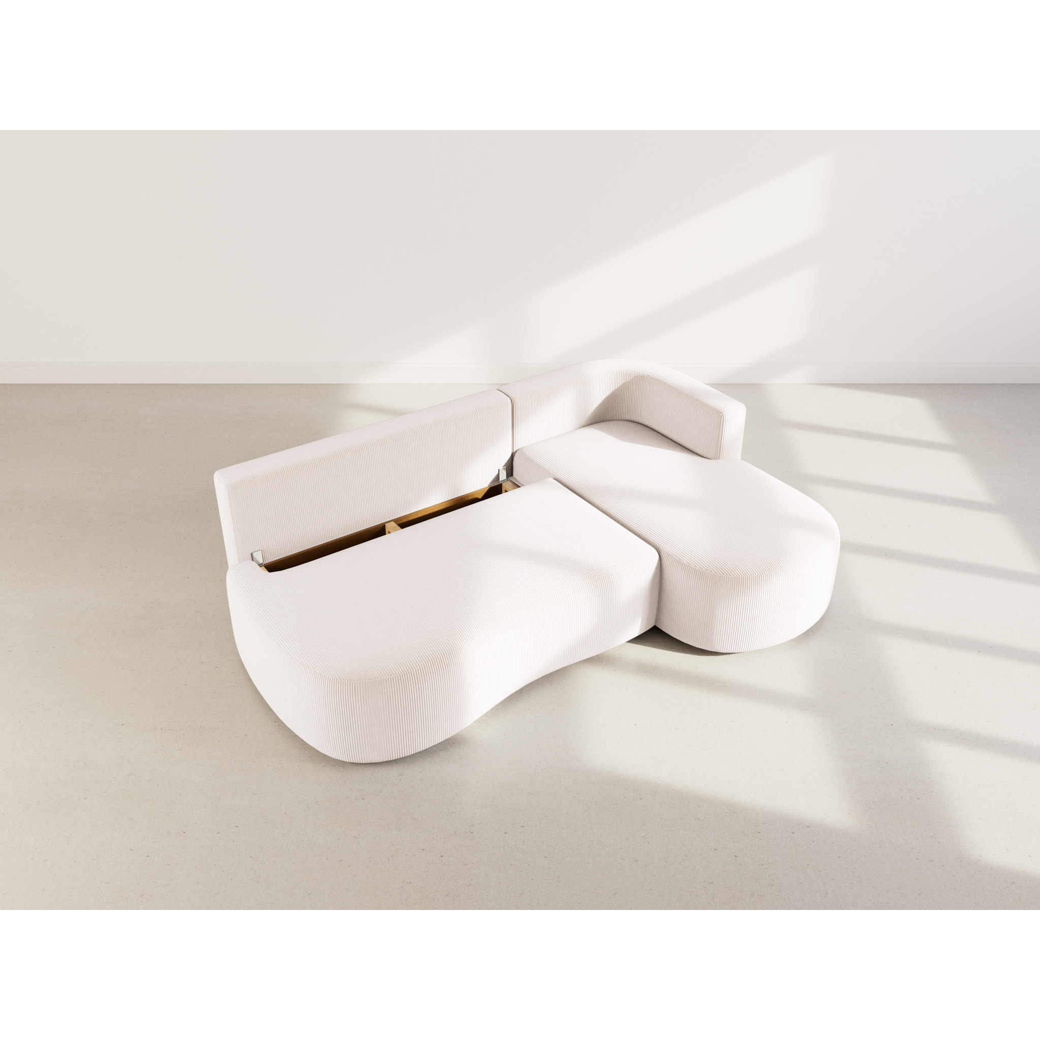 Mahina - canapé d'angle droit 4 places convertible avec coffre en velours côtelé - Beige