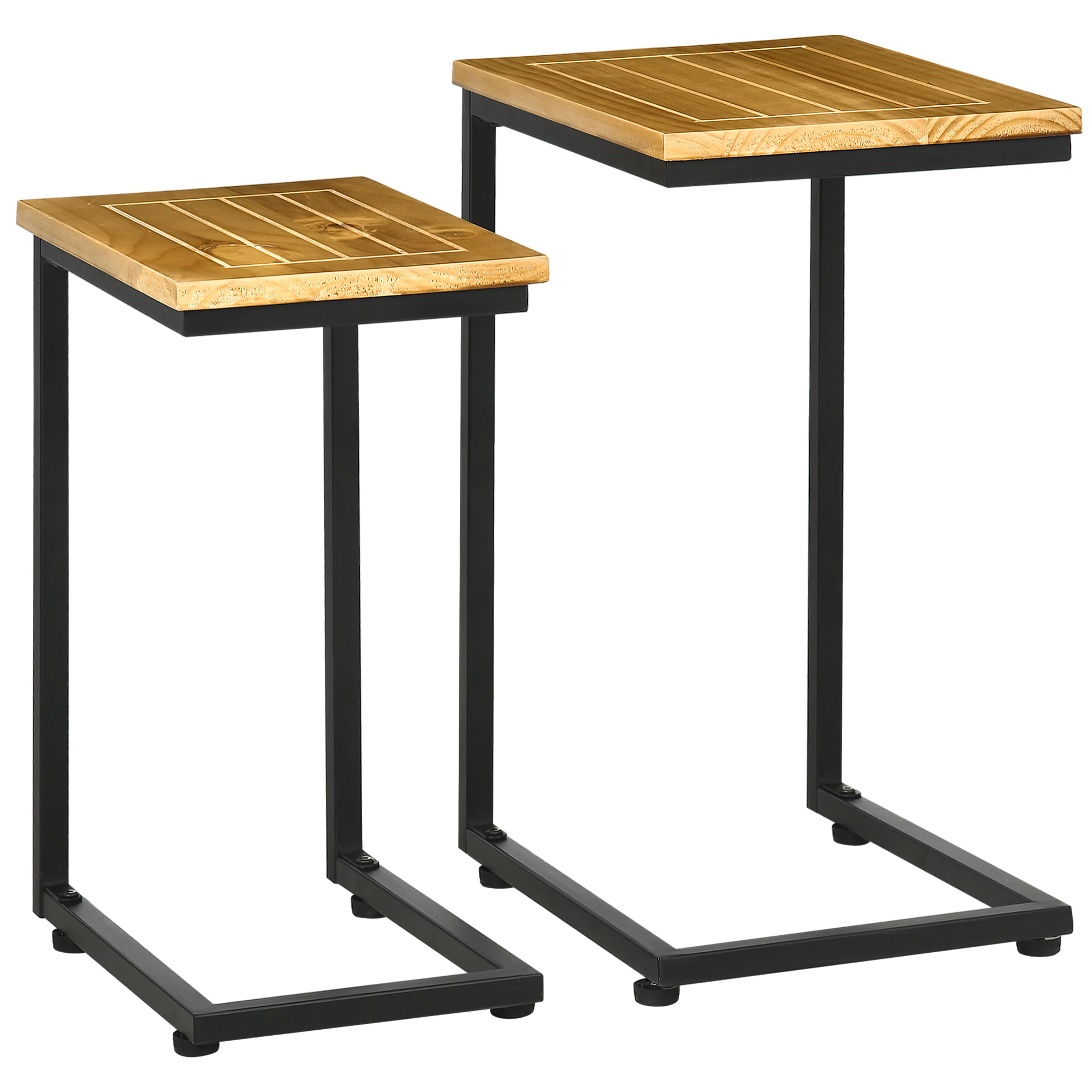 Lot de 2 tables basses gigognes de jardin - structure métal époxy noir plateau bois pin pré-huilé