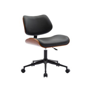 Chaise de bureau à roulettes décor bois courbé placage effet noyer et simili cuir noir