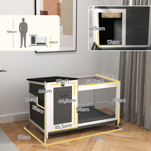 Conejera de Madera con Ruedas Jaula para Conejos con Techo Asfáltico Abatible Ventana Móvil y Bandeja Extraíble Conejera para Interior y Exterior 91x51x66 cm Blanco y Gris Oscuro