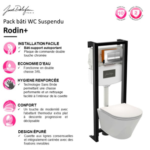 Pack WC suspendu sans bride Rodin+ avec abattant + bâti support + plaque chromée