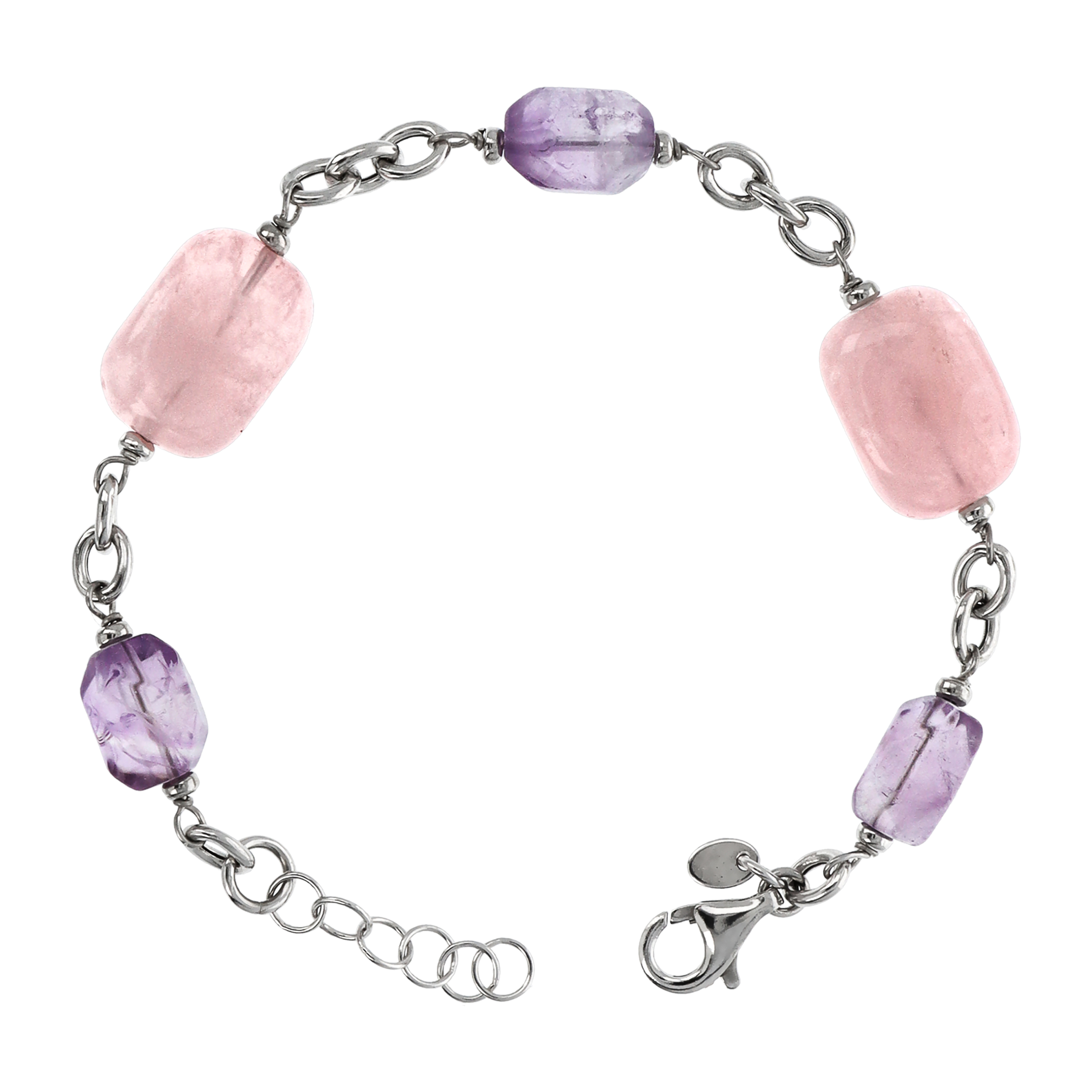 Bracciale Catena Rolo con Ametista Viola e Quarzo Rosa in Argento 925 placcato Rodio