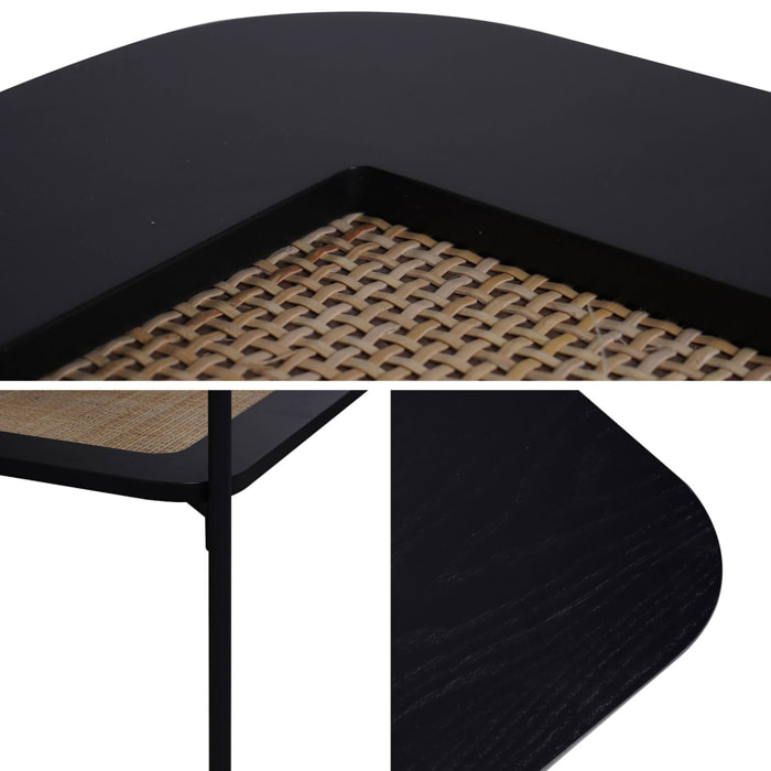 Table basse carrée coloris noir vintage double plateaux effet bois et cannage. piètement et structure en métal noir