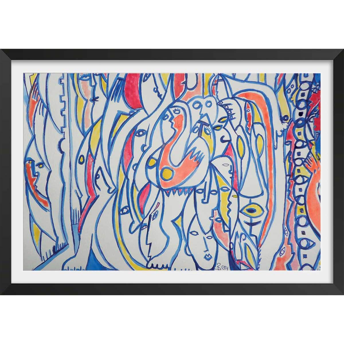 Affiche reproduction abstraite ""défilé"" Affiche + cadre en bois - Noir