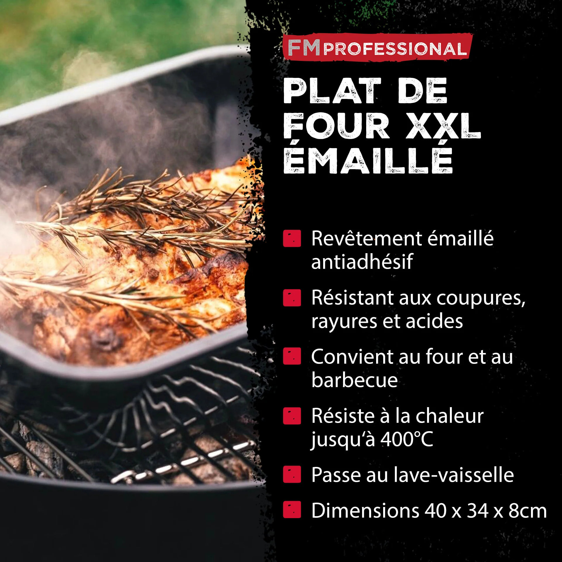 Lot de 2 plats à four en acier émaillé 40 x 34 cm FM Professional Barbecue