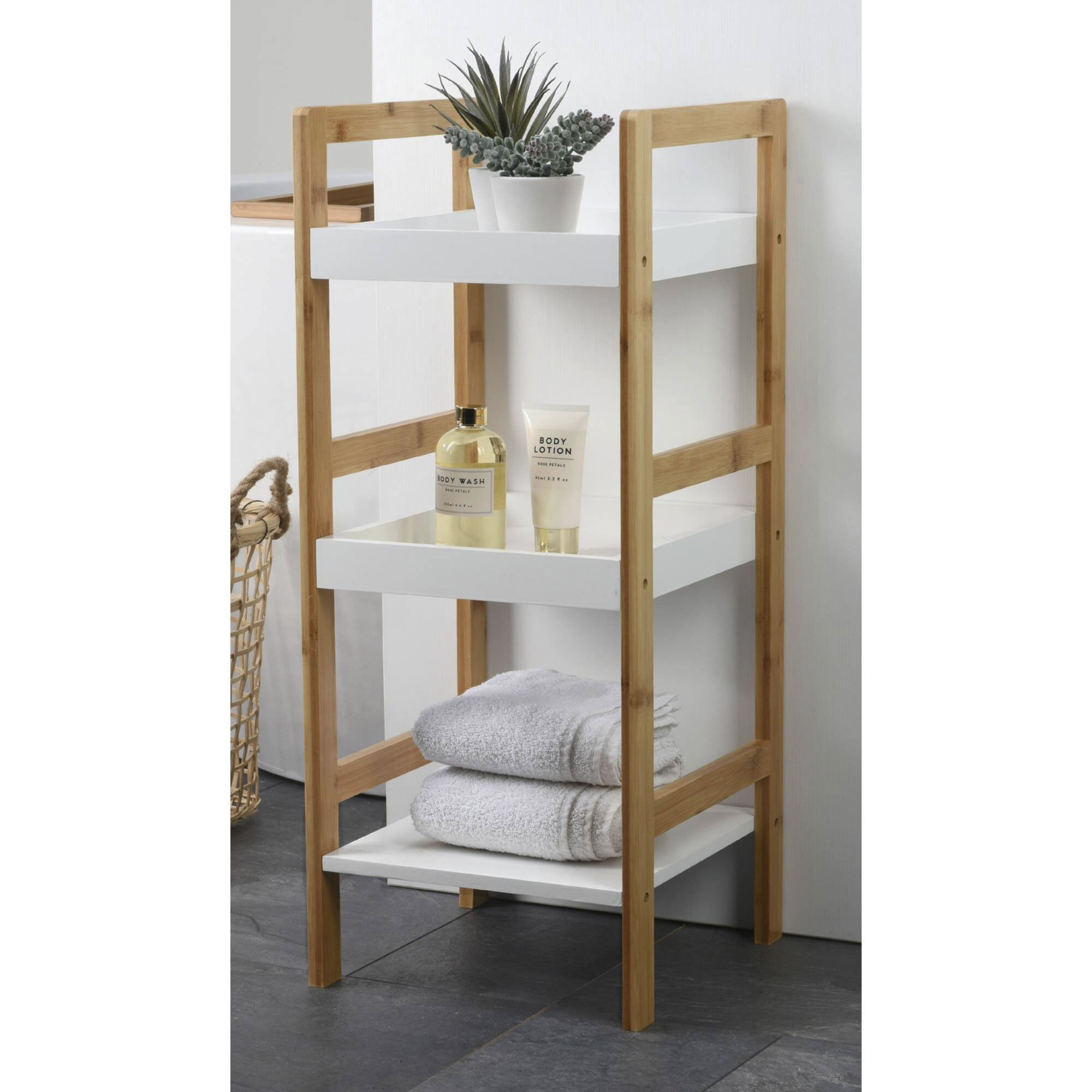Well home estantería de baño con 3 estantes en mdf y patas de bambú h.72cm