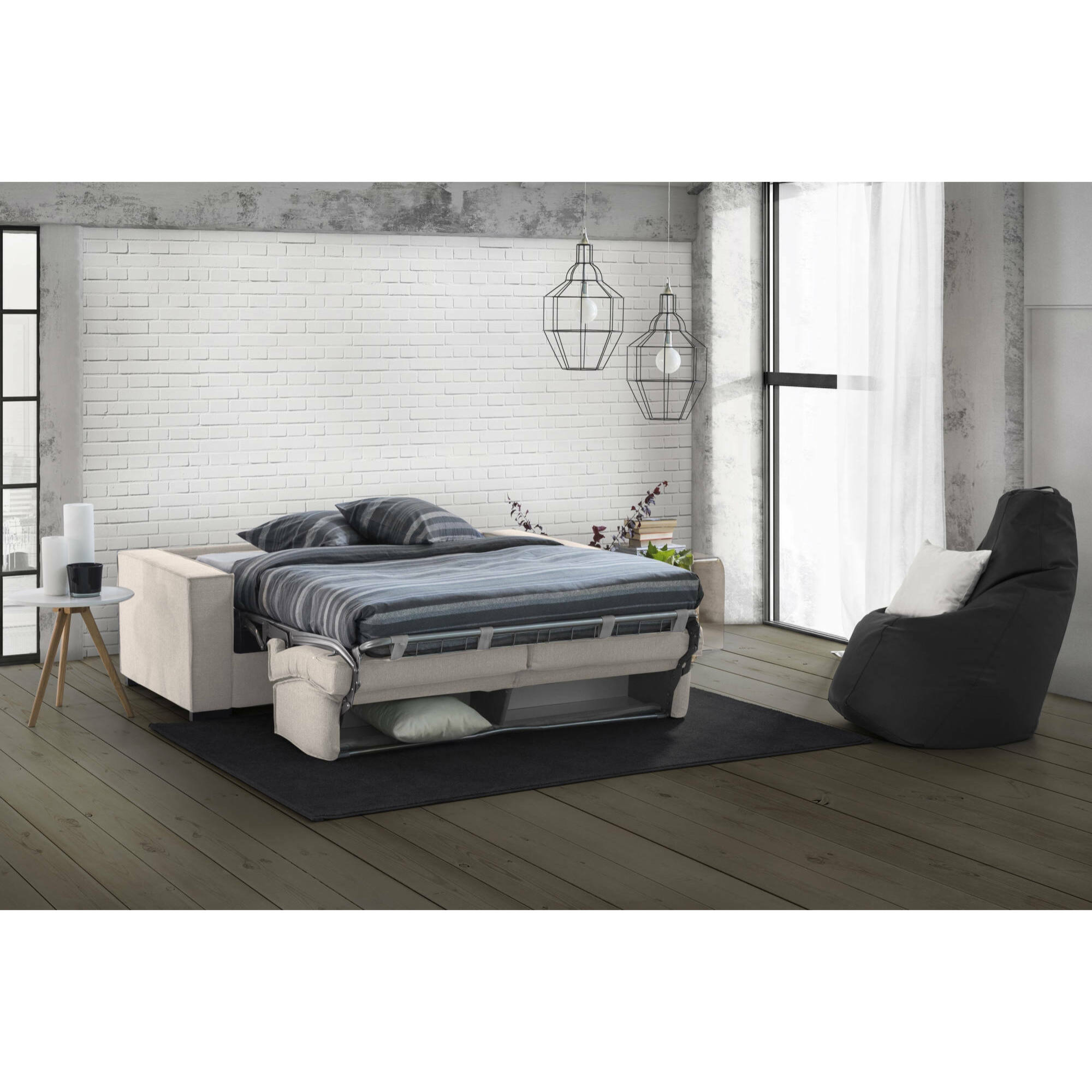 Divano Letto Addolorata, Divano a 3 posti, 100% Made in Italy, Sofà Soggiorno con apertura girevole, in tessuto imbottito, con Braccioli slim, Cm 200x95h90, Tortora