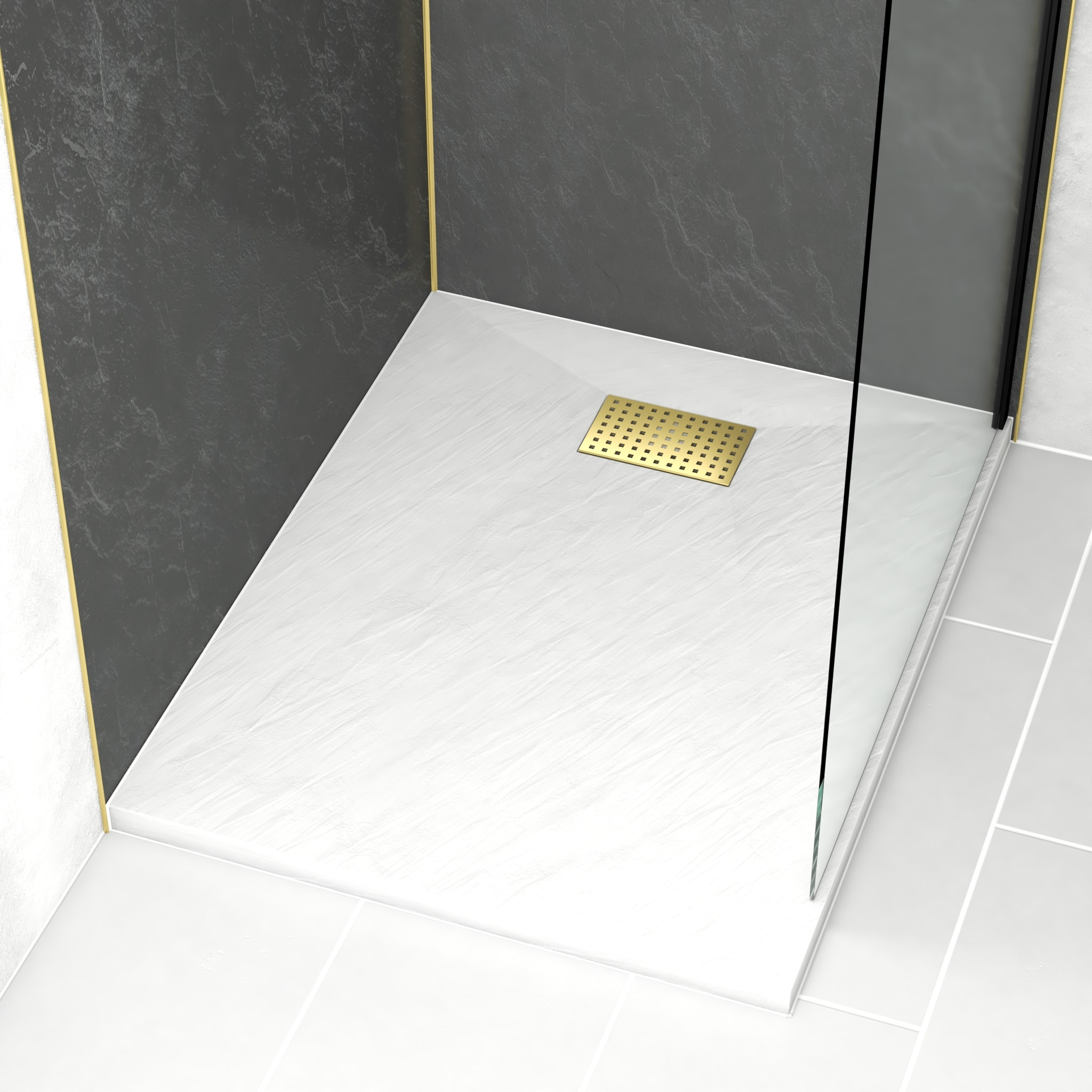 Receveur de douche Blanc Effet Pierre 80x100 cm et Grille décor Perforée Or Doré Brossé