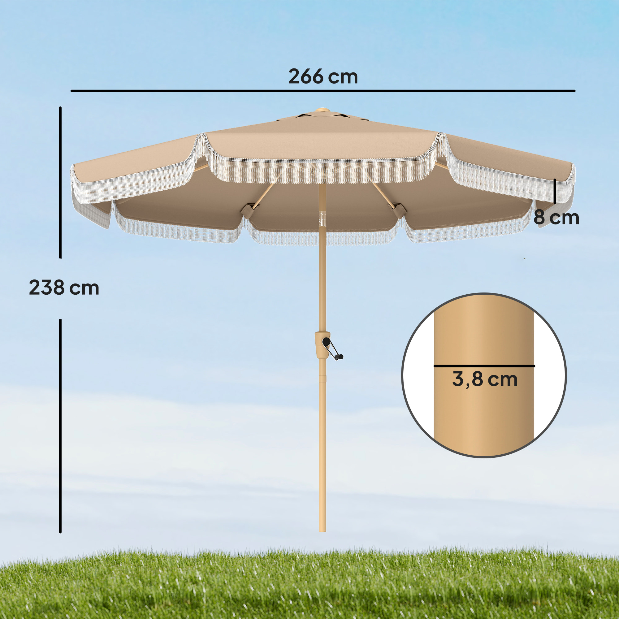 Sombrilla Terraza Exterior, Ø266x238 cm, Sombrilla de Jardín con Ángulo Ajustable 30°, Manivela, Flecos y Ventilación, Impermeable, Parasol para Terraza, Playa, Patio, Balcón, Caqui