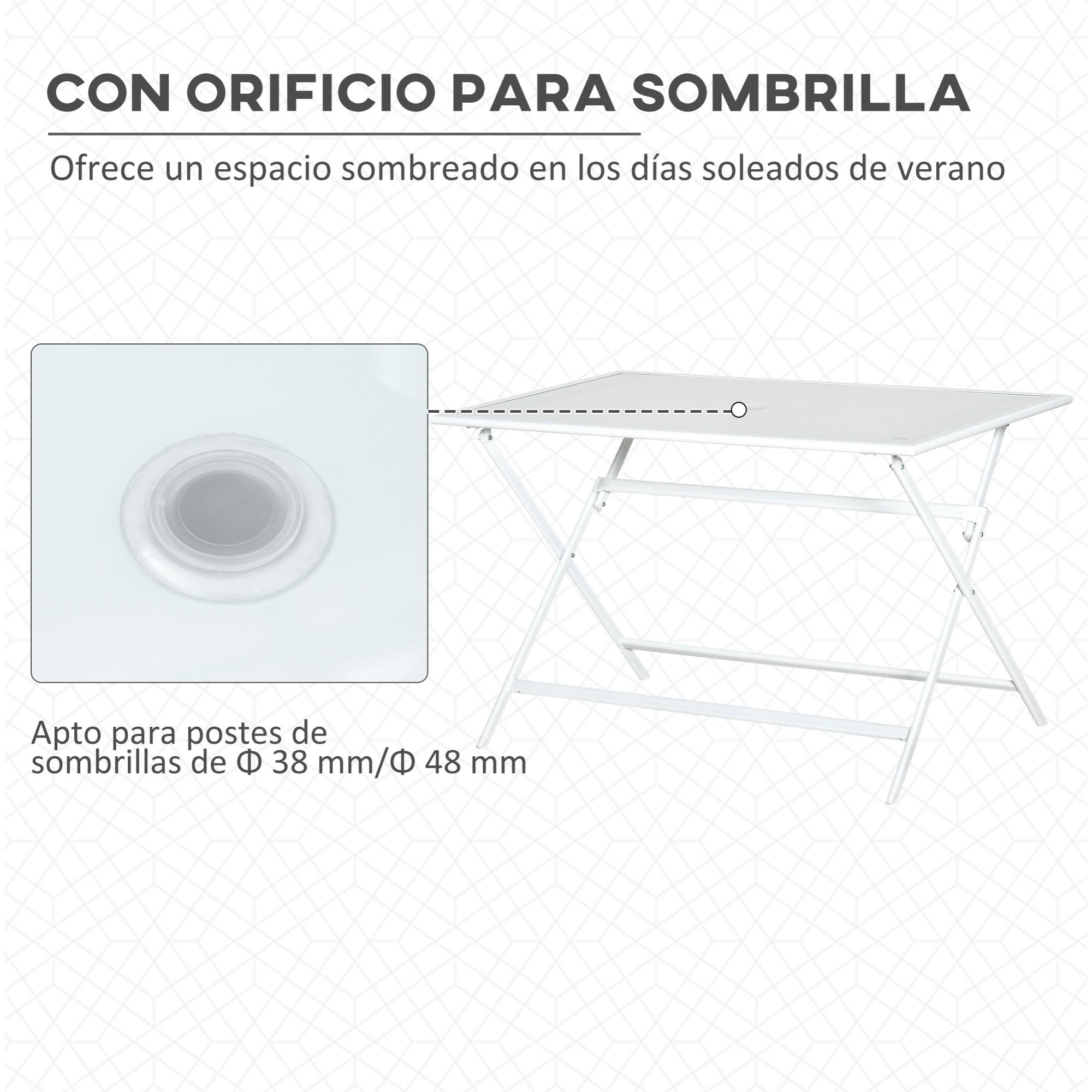 Mesa de Jardín Plegable de Metal y Vidrio con Agujero para Sombrilla 110x70x70cm