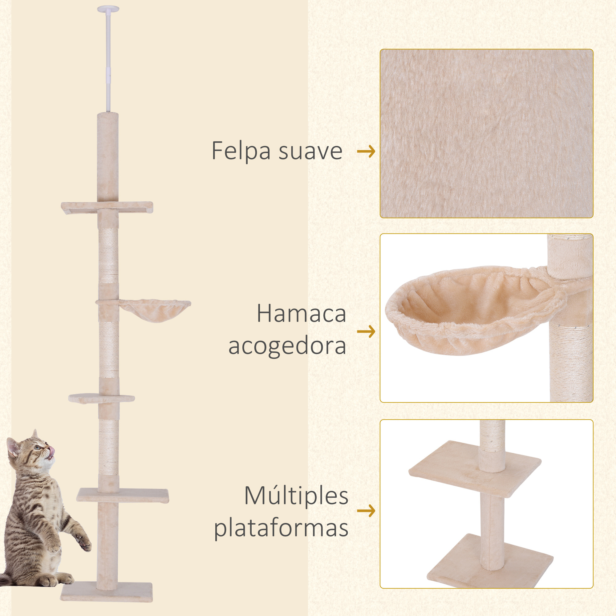 Árbol Rascador de Madera Felpa y Sisal 40x34x230-260cm Beige