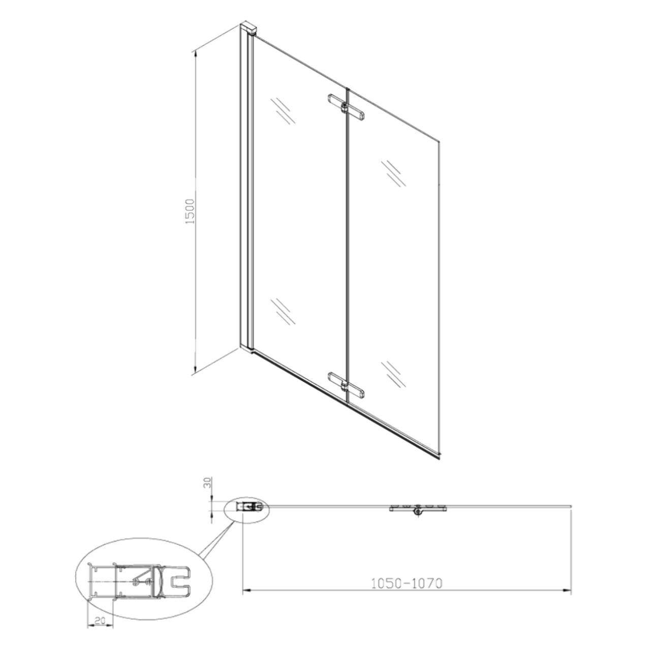 150x105 cm SK Pare-baignoire en verre 2 volets pliants, orientation gauche et droite, chrome (SATVZSKNEW105)