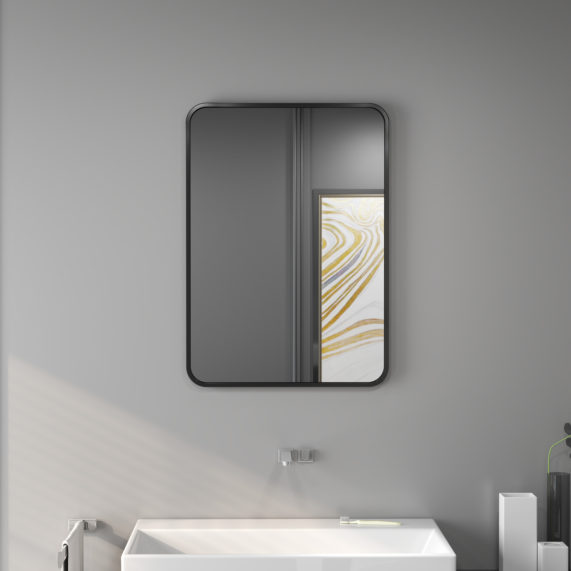 Espejo de Baño 50x70 cm Espejo Rectangular Espejo de Pared con Marco de Metal Vertical u Horizontal para Recibidor Sala de Estar Negro