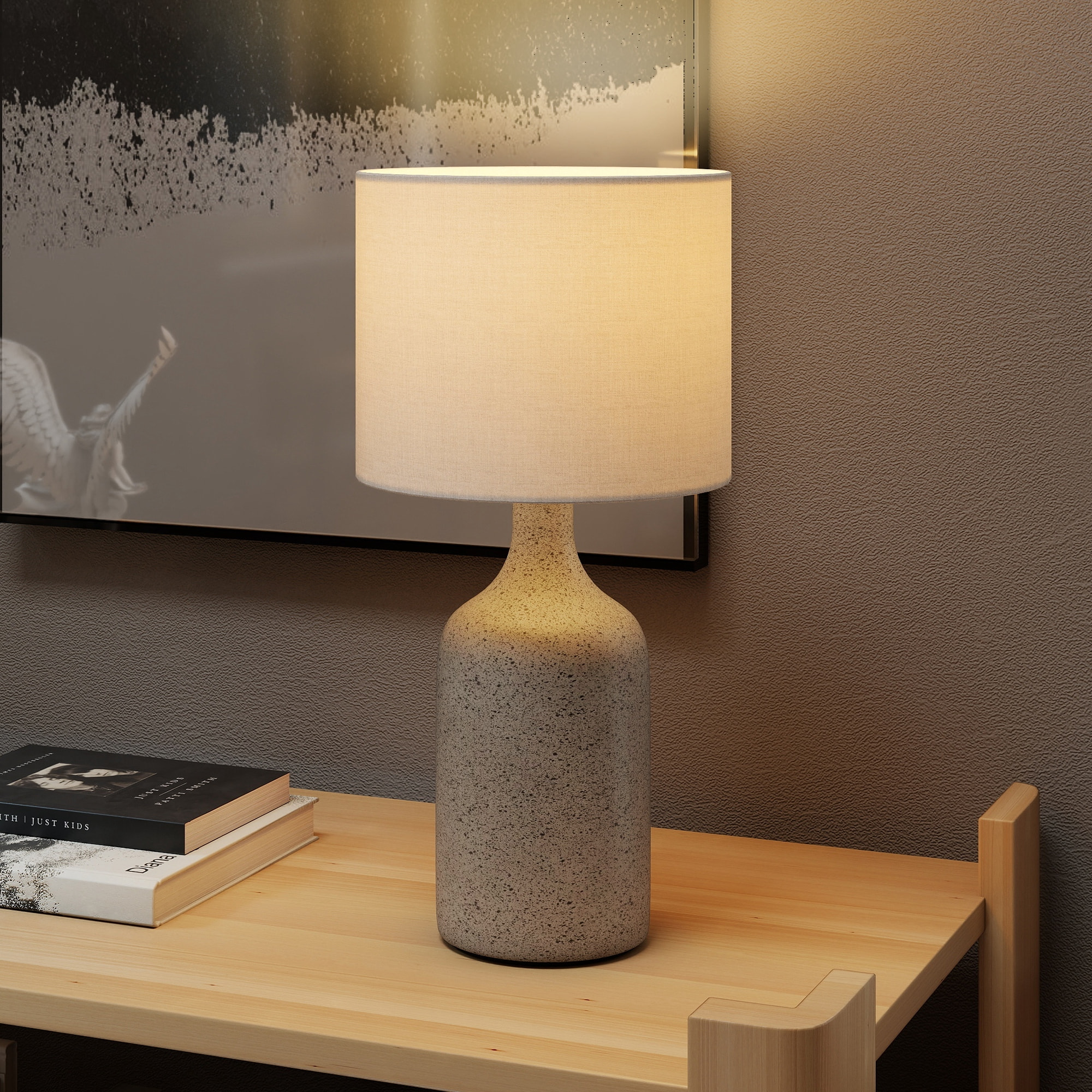 Lampe de table design effet grès céramique lin