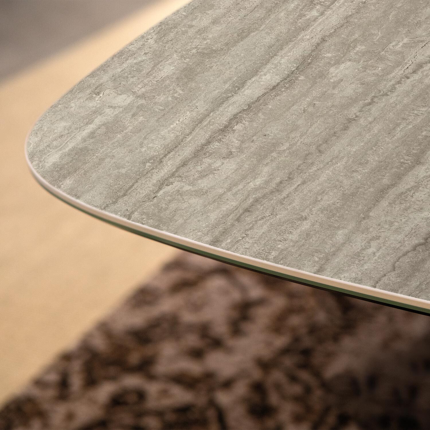 TAVOLO FISSO PRISMA TRAVERTINO - GRIGIO CARBONE, BOTTE BORDO INCLINATO, GRES TRAVERTINO SILVER