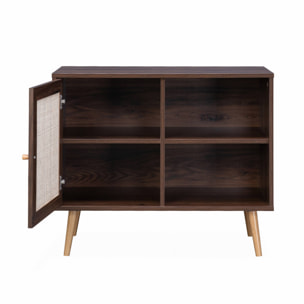 Meuble de rangement en cannage 80x39x65.8cm  Bohème - couleur bois foncé -  2 niveaux - 1 porte -  pieds scandinaves. buffet bas