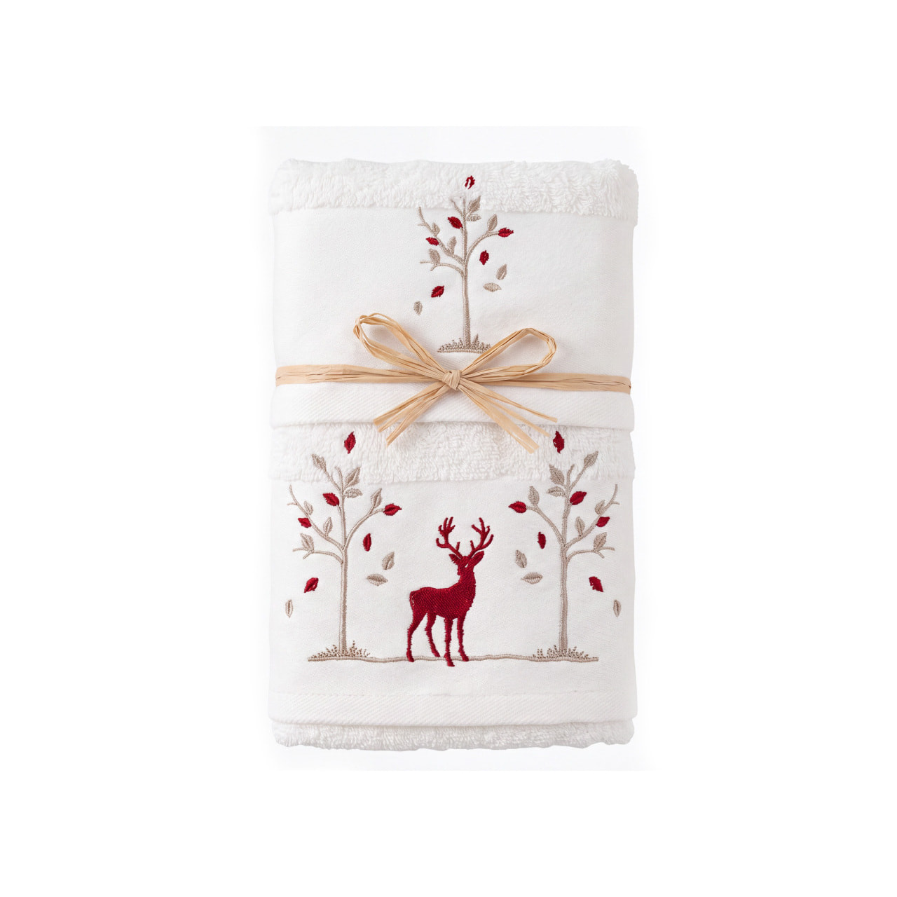 Set Asciugamano Ospite in Spugna 100% Cotone Fantasia Tirolese Natalizia Disegno Renna Bosco Bianco