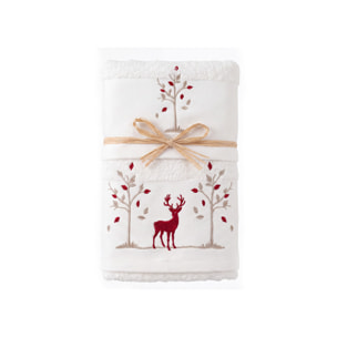 Set Asciugamano Ospite in Spugna 100% Cotone Fantasia Tirolese Natalizia Disegno Renna Bosco Bianco