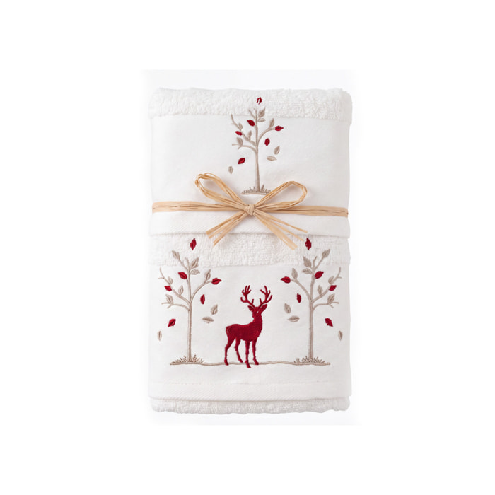 Set Asciugamano Ospite in Spugna 100% Cotone Fantasia Tirolese Natalizia Disegno Renna Bosco Bianco