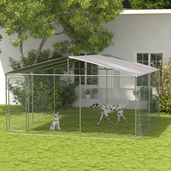 Perrera de Exterior con Toldo Anti-UV Impermeable Parque para Perros con Puerta con Pestillo y Marco de Metal Galvanizado para Patio Jardín Terraza 4x4x2,3 m Plata