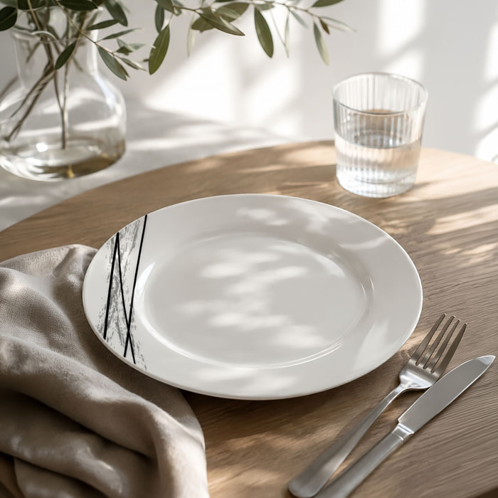 Lot de 6 assiettes plates porcelaine blanche à rayures noires 27cm CARBONE