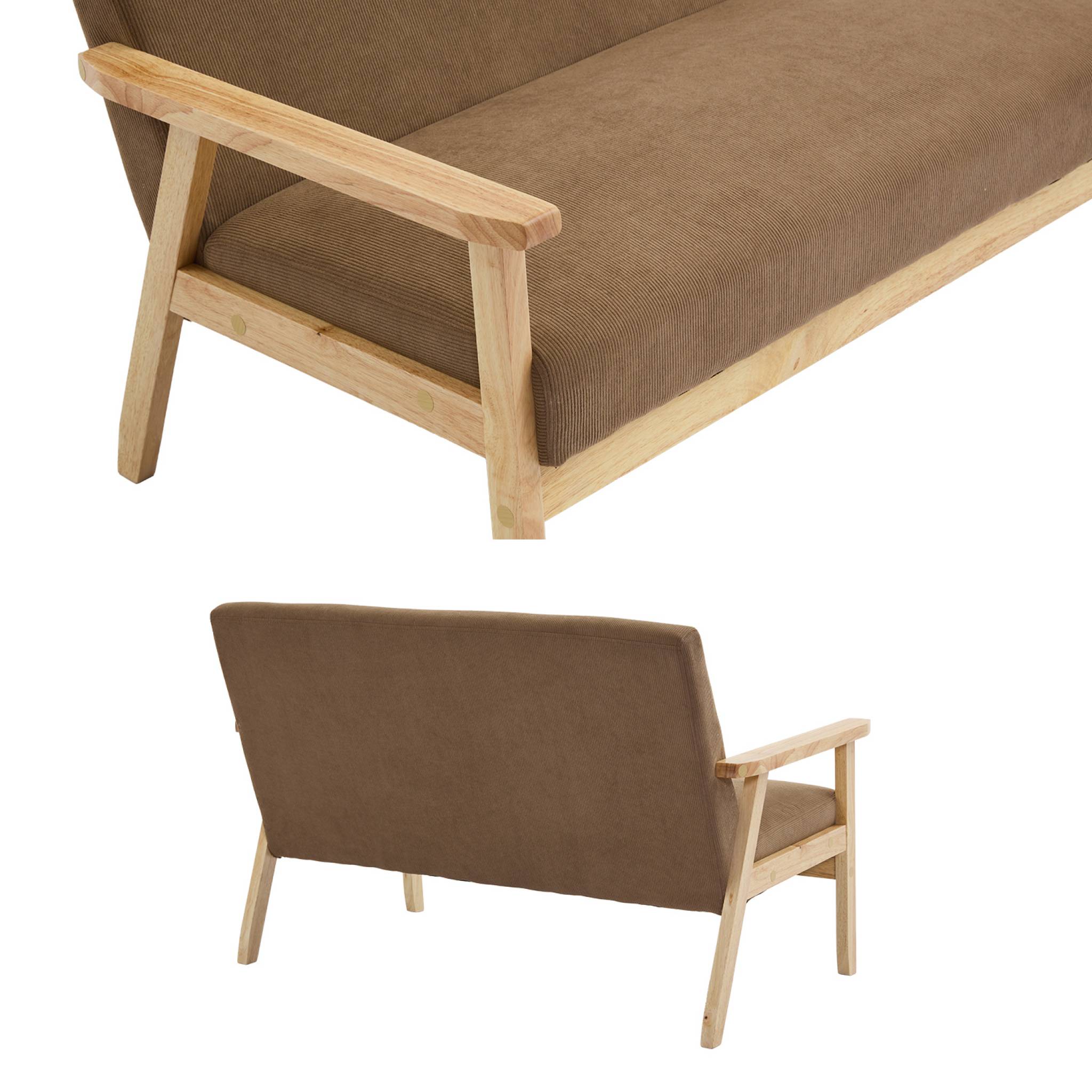 Banquette canapé 2 places en bois et tissu velours côtelé coloris taupe. Isak. L 114 x P 69.5 x H 73cm