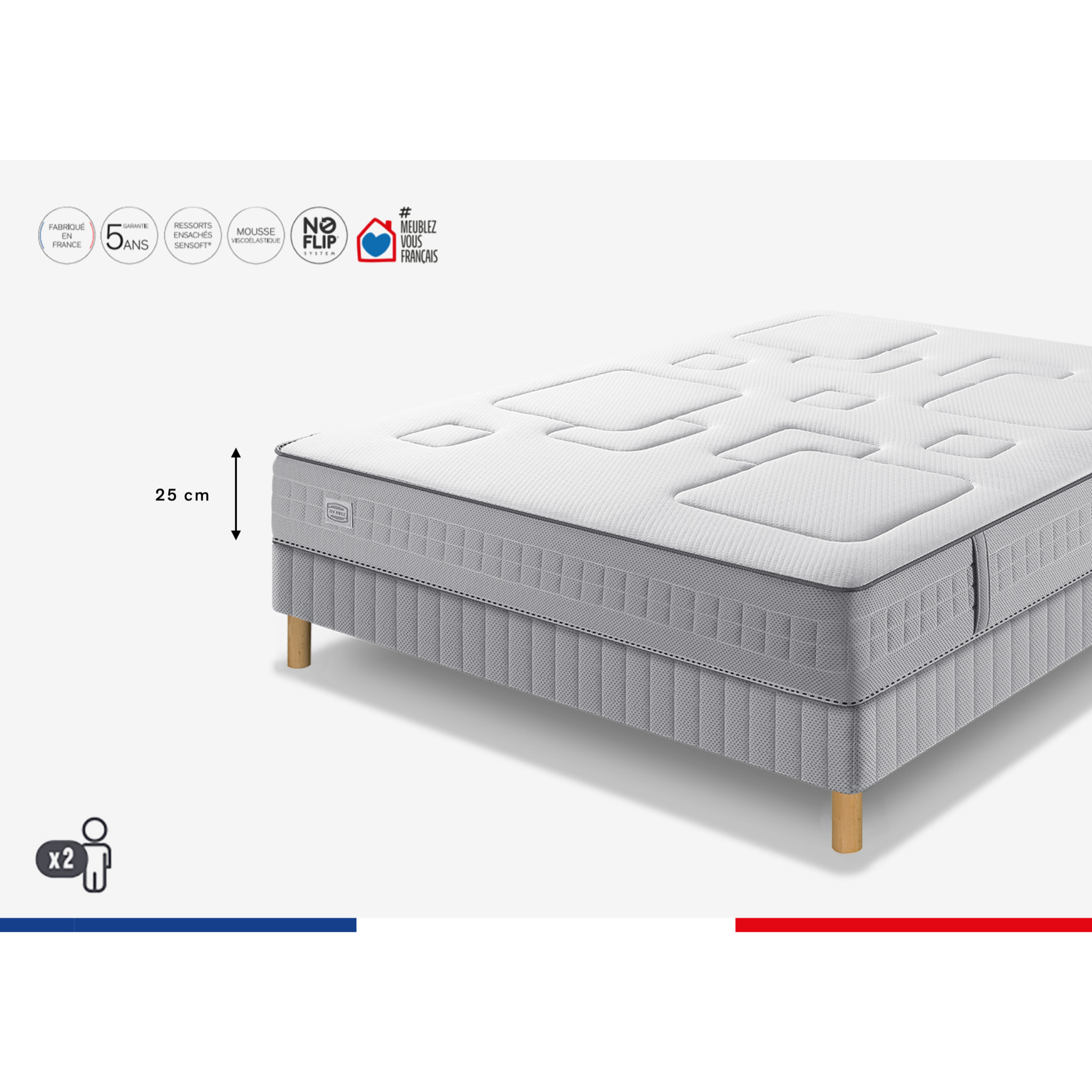 Ensemble EQUILIBRE matelas H25 ressort ensachés, ferme, sommier