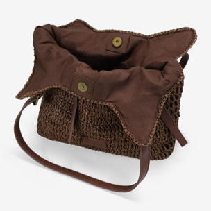 Bolso de hombro marrón en rafia con hebillas